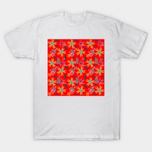 Red and Blue Garden Pattern Floral T-Shirt